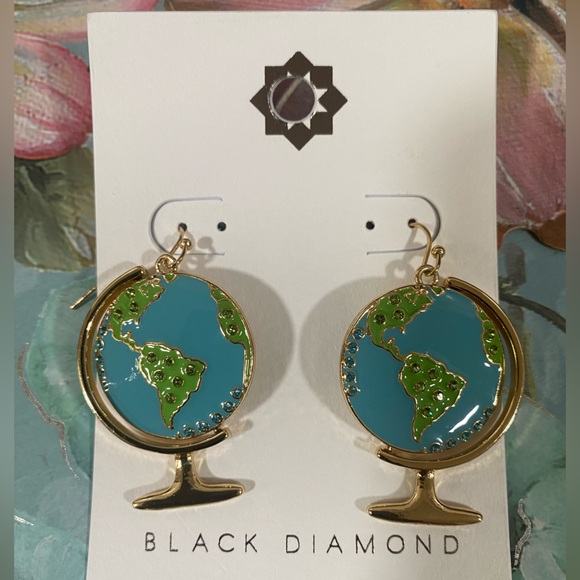 ⭐️NEW Black Diamond Gold Tone Metal Blue World Globe Drop Earrings - Picture 5 of 11